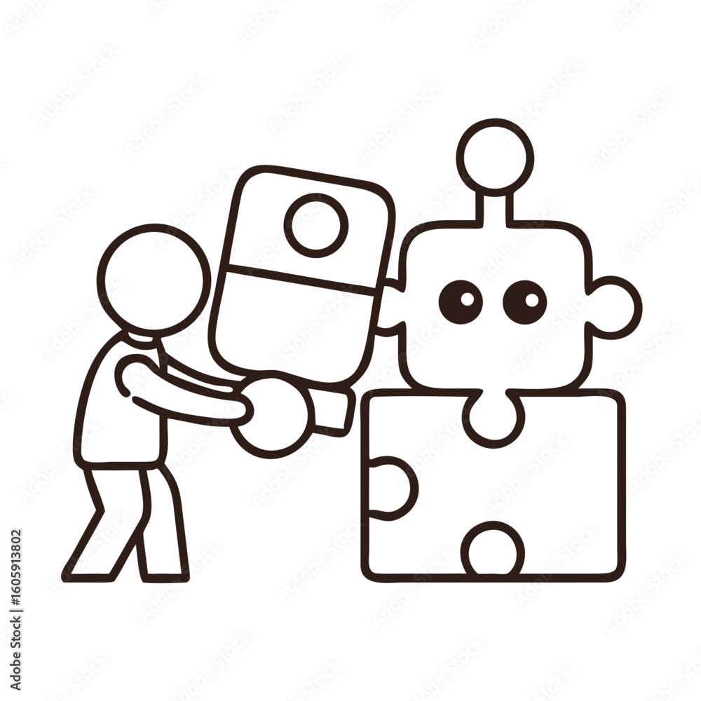 Poster a figure assembling puzzle pieces, demonstrating problem-solving and teamwork