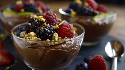 A decadent and indulgent chocolate avocado mousse topped with fresh berries and crushed pistachios for a guiltfree dessert option.