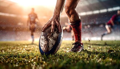 Close-up of a rugby player's hand placing a muddy rugby ball on the grass field during a match, with other players visible in the background.