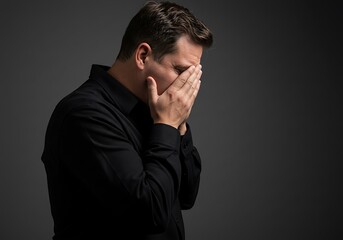 Fototapeta premium Depressed Man Covering Face with Hands Against Gray Background