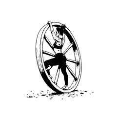 Artistic monochrome vector illustration depicting a woman skillfully maneuvering within an antique wooden wheel demonstrating strength