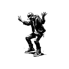 Dynamic urban dancer expressing freedom and creativity in black and white illustration silhouette style pose