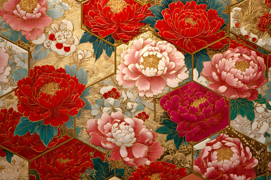 Hexagonal Elegance: Stylized Peony Blossoms in Traditional Japanese Inspired Motifs