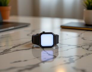 a smartwatch placed on a table with a marble countertop