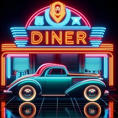 Classic Late Night Retro Pop Culture 1950s Themed Era Creative Neon Art Deco Town Diner Logo Sign & Vintage Car. Reminiscent Hangout. American Culture. Sense of Community in Simpler Time. Motorcycles