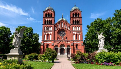 Fototapeta premium A red brick church with statues and landscaping