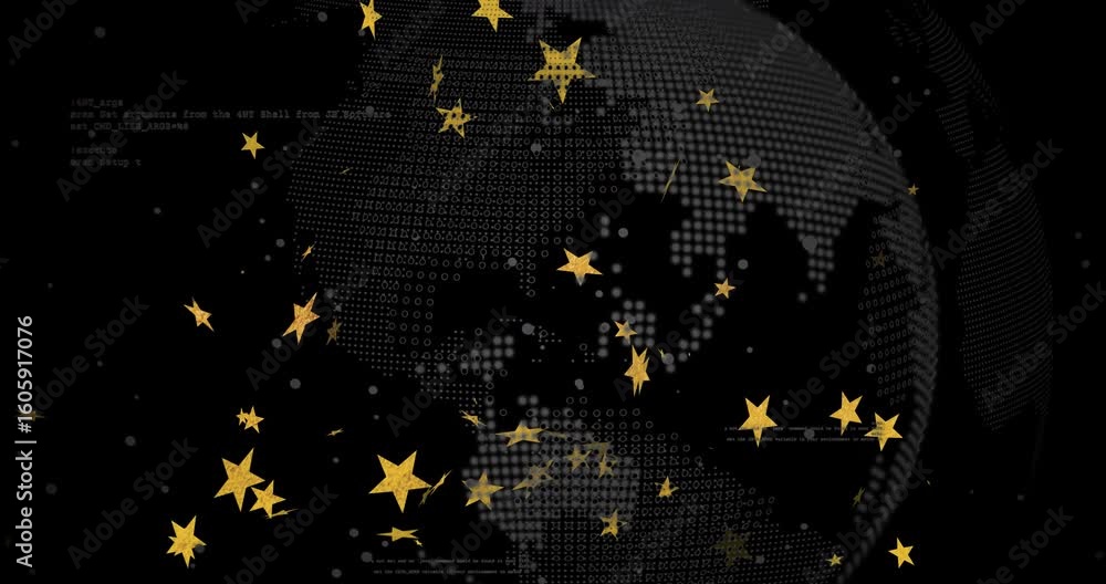 Poster dot globe emerging from black, rotating with stars gliding and code flickering representing data