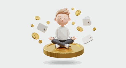 A tranquil young man meditates in a lotus pose on a large gold coin, symbolizing financial peace, mindful saving, and wealth management.