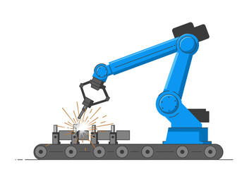 A blue industrial robot arm welds parts on a conveyor belt