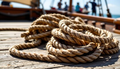 Fototapeta premium several large rope loops piled up on a wooden dock with a scenic background that suggests it's near a body of water, possibly an ocean or ba