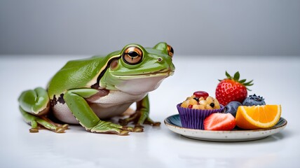 A green tree frog observing a plate of fruit and a muffin