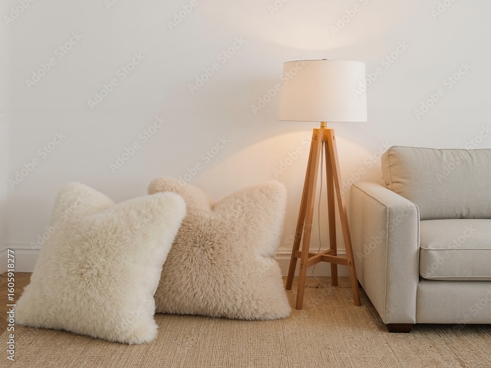Poster a serene neutral living space featuring soft pillows and a standing lamp creating a warm and invitin
