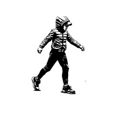 Monochrome silhouette of a young person walking with a hooded jacket against a clear white backdrop