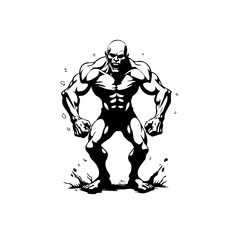 Illustrative strong muscular man with intense eyes stands in a powerful pose, full body illustration