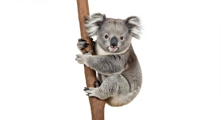 Adorable koala clings playfully to a branch against bright white background. AI Generated