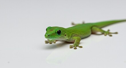 Fototapeta premium Brightly lit green gecko crawls slowly across white background. AI Generated