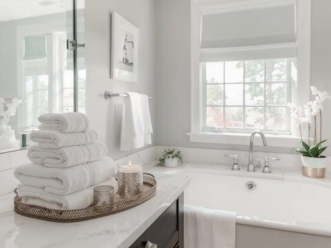 Bright and airy bathroom scene featuring a stack of neatly folded white towels and natural light streaming through the window - Powered by Adobe