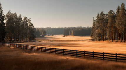 Panoramic View of Autumn Open Field with Golden Grasses and Rustic Fences Framed by Evergreen Trees