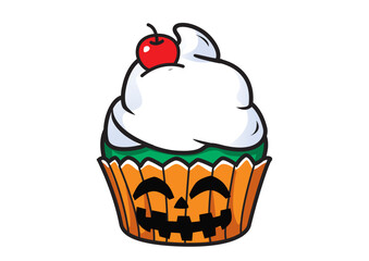 Delicious Halloween themed cupcake decorated with a smiling pumpkin face and topped with whipped cream and a cherry