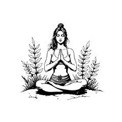 Illustration of a woman meditating in a serene lotus position surrounded by nature's beauty and tranquility