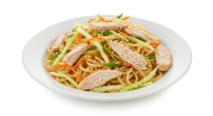 Delicious chicken noodle salad brightly lit. AI Generated