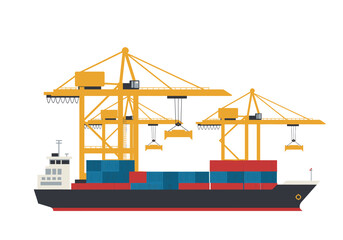 Cargo ship docked with yellow cranes lifting containers