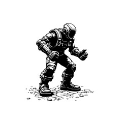 Obraz premium Futuristic soldier in armor vector illustration standing on textured ground combat ready posture isolated on white background