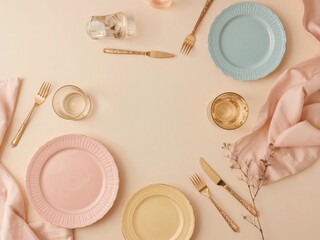 Elegant Dining, A Flat Lay of Decorative Plates, Golden Cutlery, and Delicate Glassware Arranged on a Soft Pastel Surface