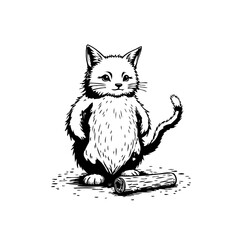 Charming whimsical kitten illustration with rustic log an enchanting digital art masterpiece a delightful black and white rendition