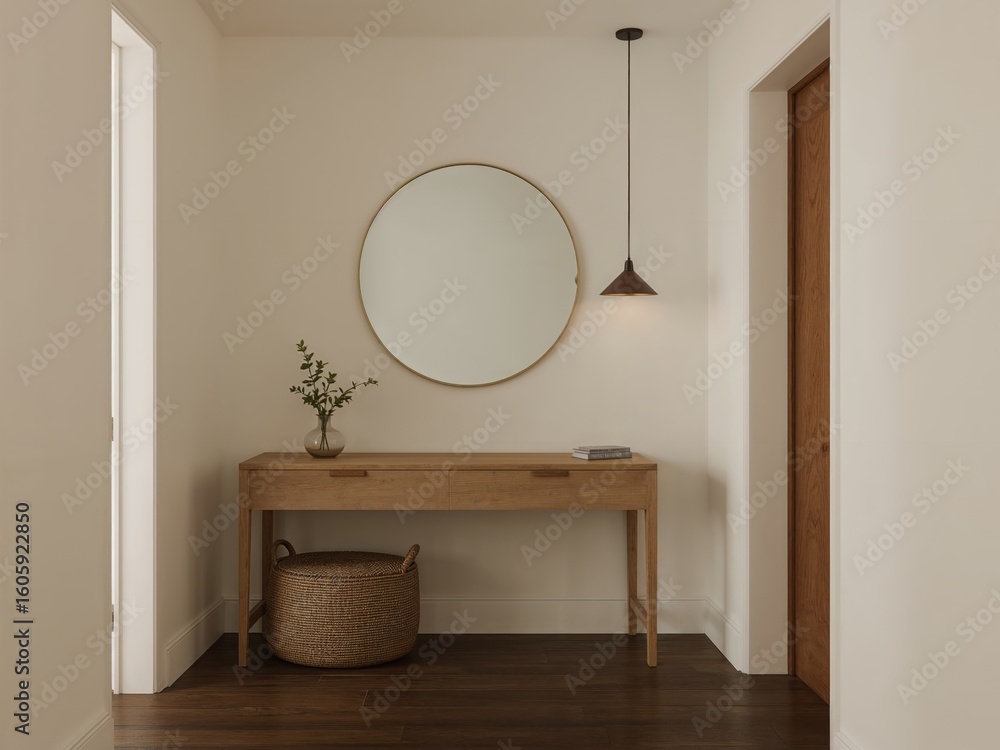 Poster elegant hallway with minimalist console table and circular mirror displaying contemporary interior d