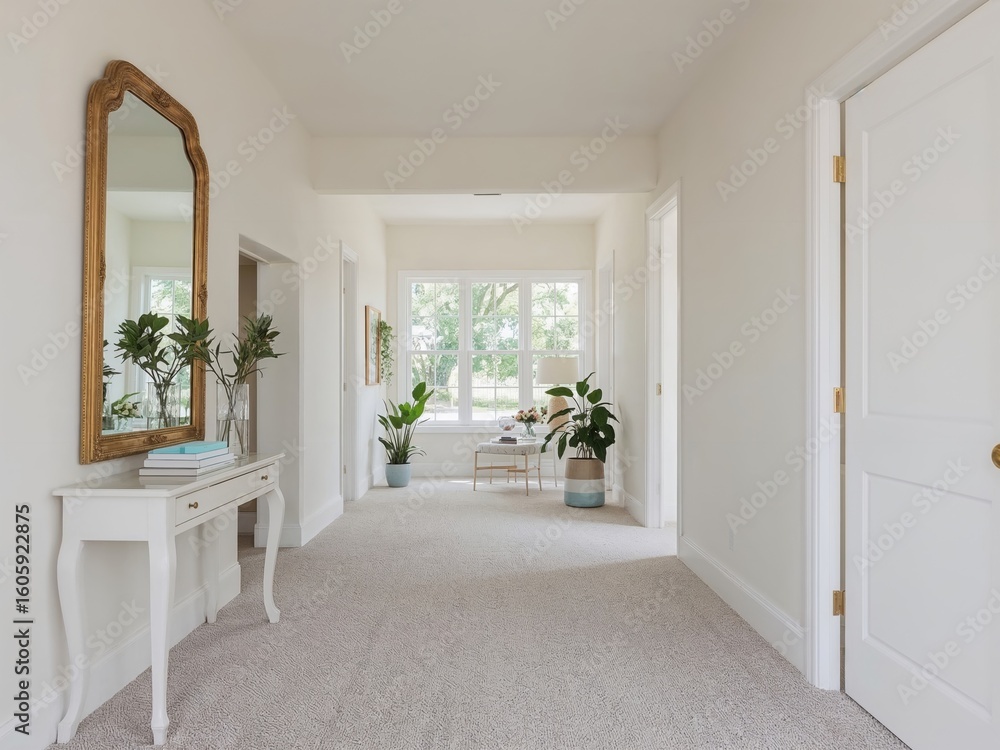 Poster elegant hallway interior with console table mirror and natural light creating a serene and inviting 