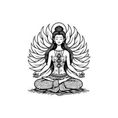 The illustration depicts a serene woman in a meditative pose, radiating inner peace and spiritual energy