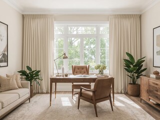 Elegant Home Office with Cream-Colored D,cor Showcasing a Harmonious Blend of Comfort and Professionalism