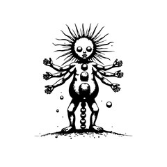 Unusual enigmatic character illustration with multiple arms, dark mysterious artwork, spiritual fantasy creature with balls