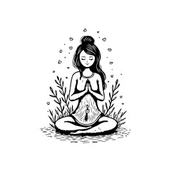Zen meditation illustration: a woman in lotus position surrounded by nature and love hearts in monochrome