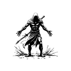 Fototapeta premium Mysterious hooded warrior with a spear stands poised for battle a captivating illustration depicting strength and intrigue