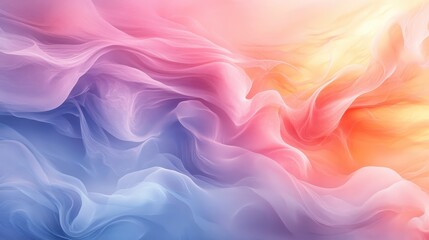 Fototapeta premium An abstract background of soft, flowing pastel colors blending from blue and purple to pink and orange. The fabric-like waves create a gentle, ethereal, and dreamy visual texture