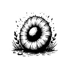 Black and white vector illustration of a single sea urchin on the ocean floor with plants