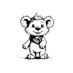 Adorable ink drawing of a charming bear cub scout with a cute headband smiling happily showing its charm and innocence
