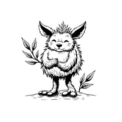 Charming ink illustration of a whimsical forest creature embracing nature and spreading joy with its endearing presence
