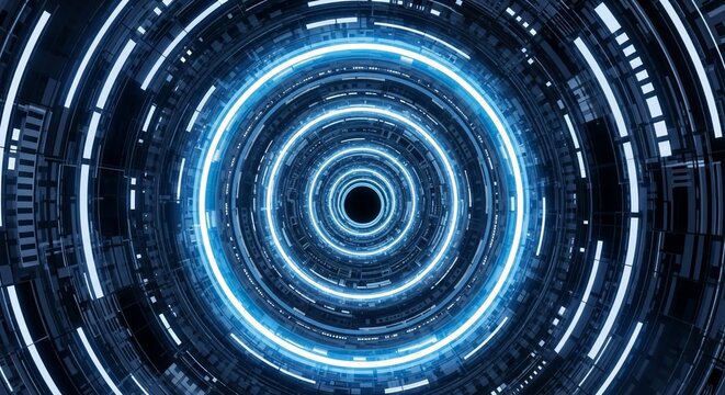 An immersive view into a futuristic, glowing blue circular tunnel with complex technological patterns.