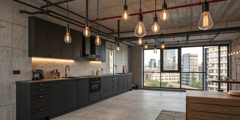Industrial loft-style kitchen with exposed pipes, dark matte cabinets, and Edison bulb lighting, urban apartment background
