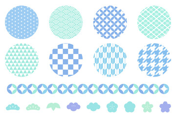 日本の伝統文様と和風のあしらいのイラストセット　和柄　Japanese traditional pattern