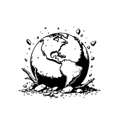 Black and white illustration showcasing the planet Earth with environmental decay and vulnerability with barren landscape