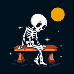 A melancholic skeleton sits alone on a park bench under a large yellow moon, stars twinkling in the night sky.