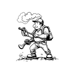 The cartoon exterminator sprays pesticide while wearing safety gear and a backpack in black and white illustration