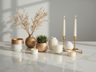 Elegant Still Life, Assorted Home Styling Items with Candles and Decorative Vases on a Marble Surface in Subtle Lighting