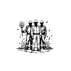 Three workers in uniform stand together, one holding a trident amidst industrial sparks and energy