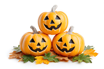 Festive Stacked Halloween Pumpkins with Smiling Faces and Autumn Leaves Decoration. Ai Generated Images