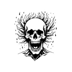 Intense skull artwork featuring flames conveying mortality, the drawing symbolizes darkness and the temporary existence of human beings on earth